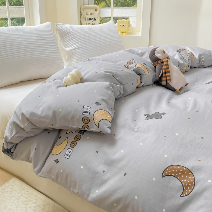 91家纺网 家纺一手货源 找家纺 麋兔 2025新款全棉纯棉ins印花单品被套 被套单件 月之心-灰