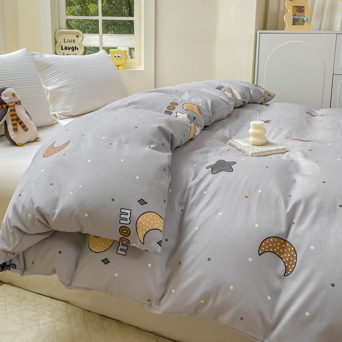 91家纺网 家纺一手货源 找家纺 麋兔 2025新款全棉纯棉ins印花单品被套 被套单件 月之心-灰