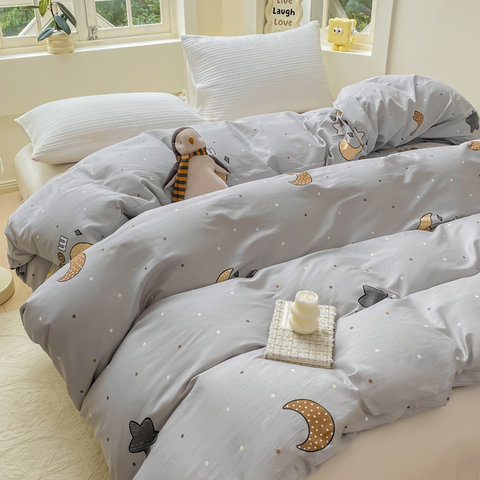 91家纺网 家纺一手货源 找家纺 麋兔 2025新款全棉纯棉ins印花单品被套 被套单件 月之心-灰