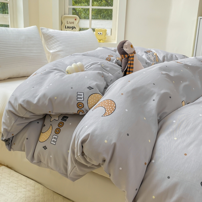 91家纺网 家纺一手货源 找家纺 麋兔 2025新款全棉纯棉ins印花单品被套 被套单件 月之心-灰