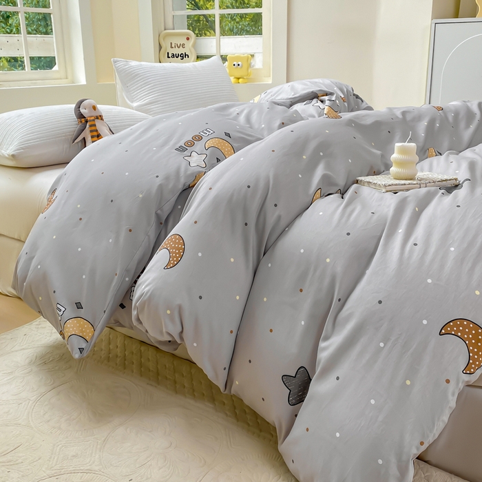 91家纺网 家纺一手货源 找家纺 麋兔 2025新款全棉纯棉ins印花单品被套 被套单件 月之心-灰