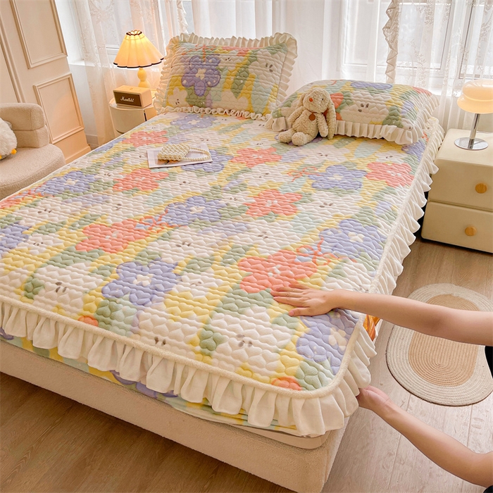 雯豆家纺 2025新款牛奶绒花边床笠单床笠单品床笠单件床笠 牛奶绒花边床笠-春日妮彩