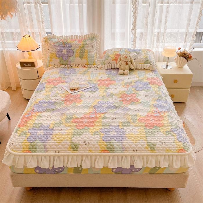 91家纺网 家纺一手货源 找家纺 雯豆家纺 2025新款牛奶绒花边床笠单床笠单品床笠单件床笠 牛奶绒花边床笠-春日妮彩