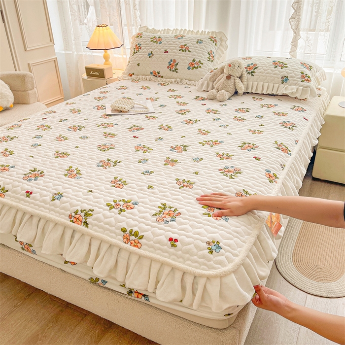 雯豆家纺 2025新款牛奶绒花边床笠单床笠单品床笠单件床笠 牛奶绒花边床笠-花影