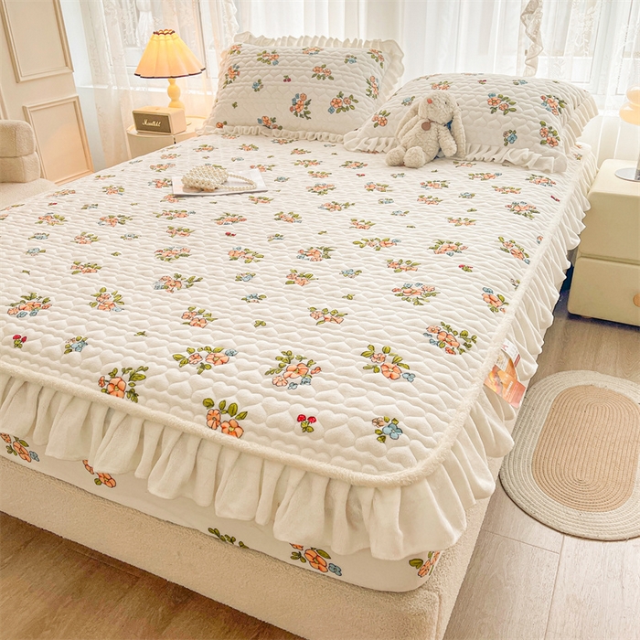 91家纺网 家纺一手货源 找家纺 雯豆家纺 2025新款牛奶绒花边床笠单床笠单品床笠单件床笠 牛奶绒花边床笠-花影