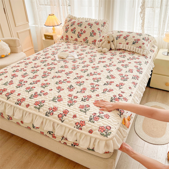 雯豆家纺 2025新款牛奶绒花边床笠单床笠单品床笠单件床笠 牛奶绒花边床笠-花影重重