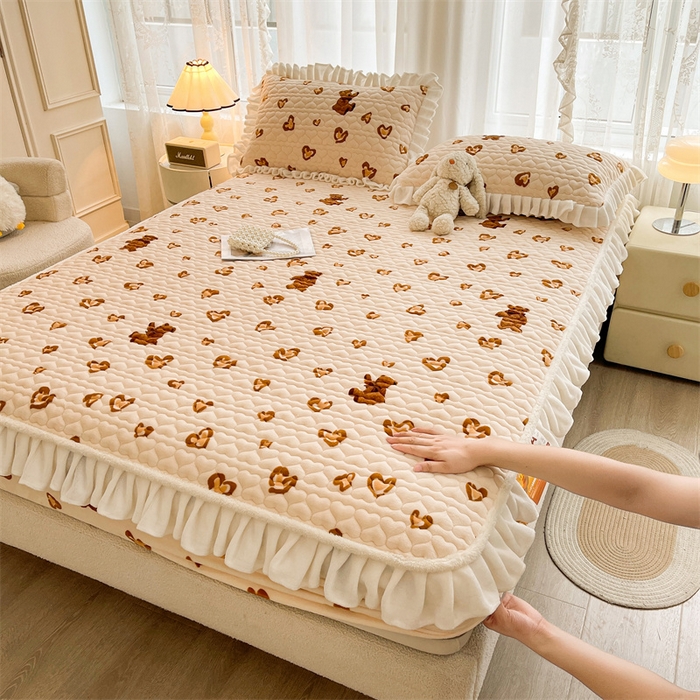 雯豆家纺 2025新款牛奶绒花边床笠单床笠单品床笠单件床笠 牛奶绒花边床笠-亲子熊