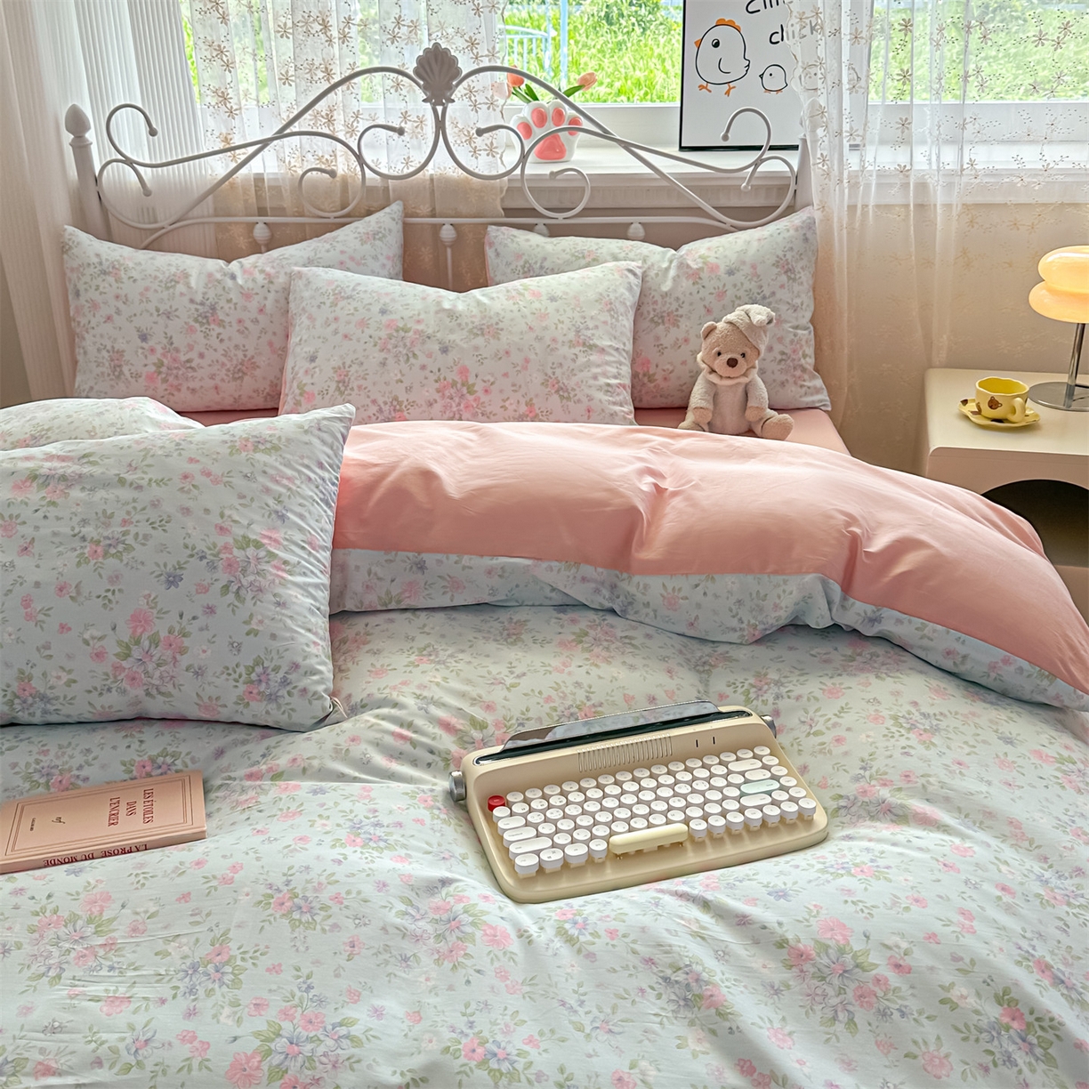 91家纺网 家纺一手货源 找家纺 恒爱家纺 2025新款全棉花卉四件套 蓝星花