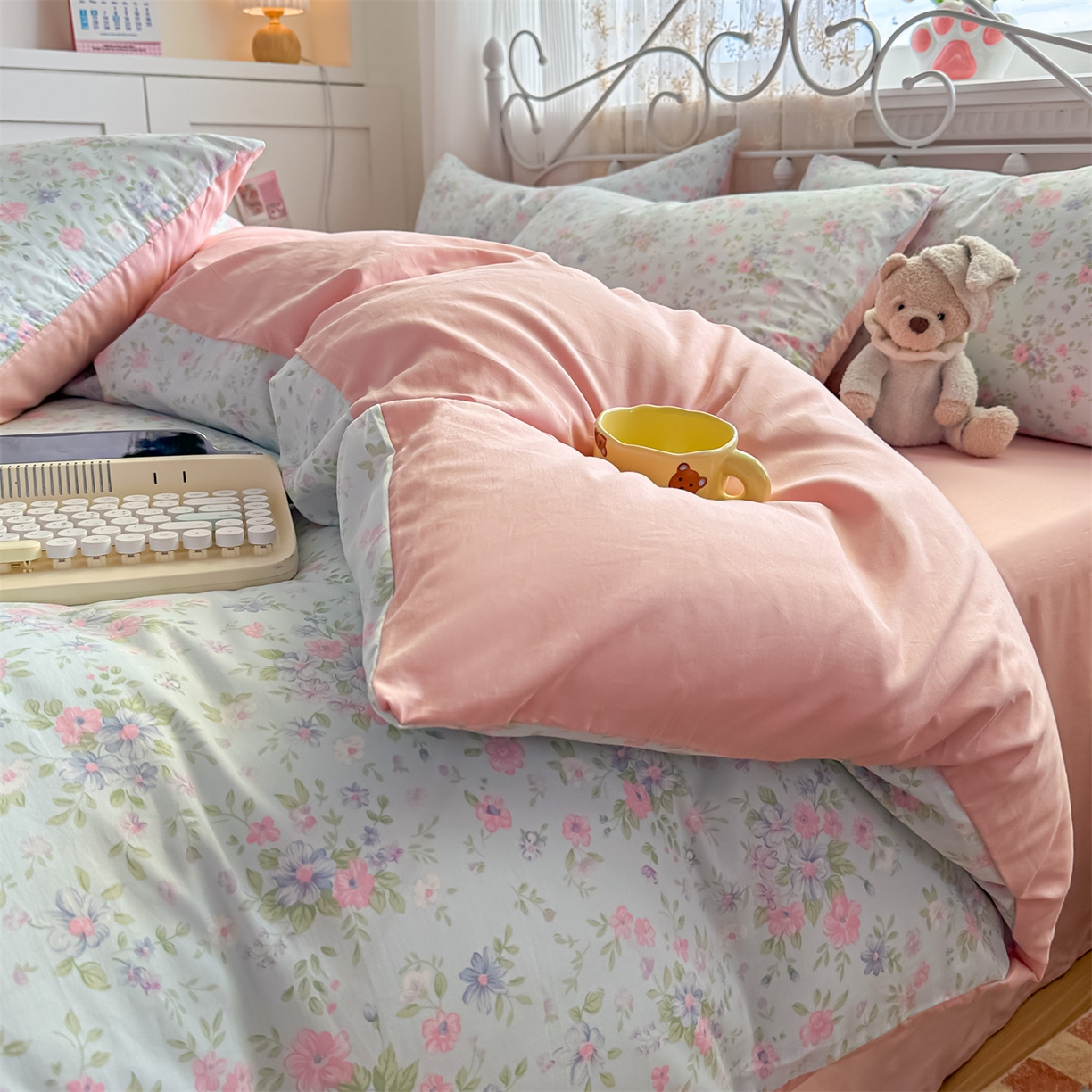 91家纺网 家纺一手货源 找家纺 恒爱家纺 2025新款全棉花卉四件套 蓝星花