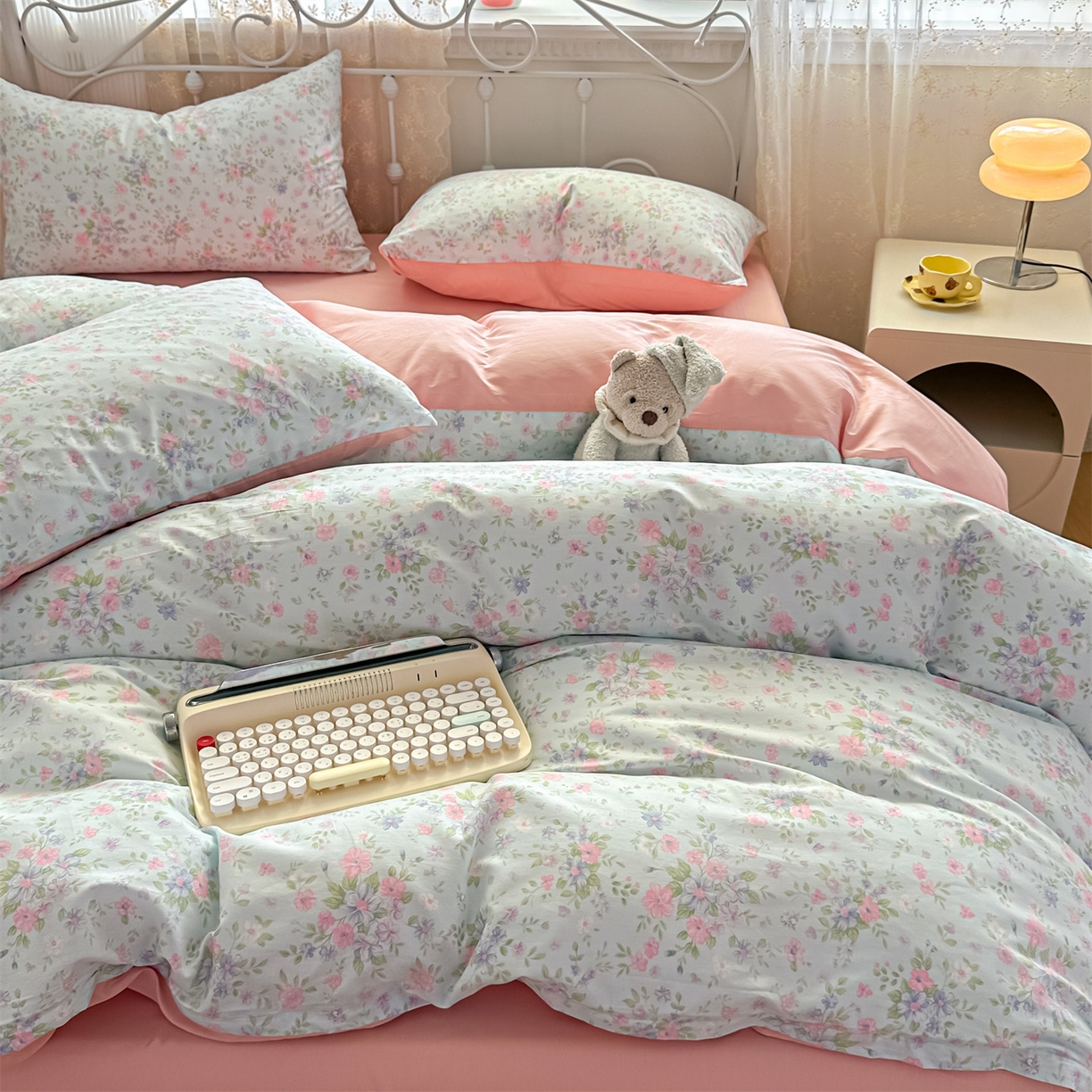 91家纺网 家纺一手货源 找家纺 恒爱家纺 2025新款全棉花卉四件套 蓝星花