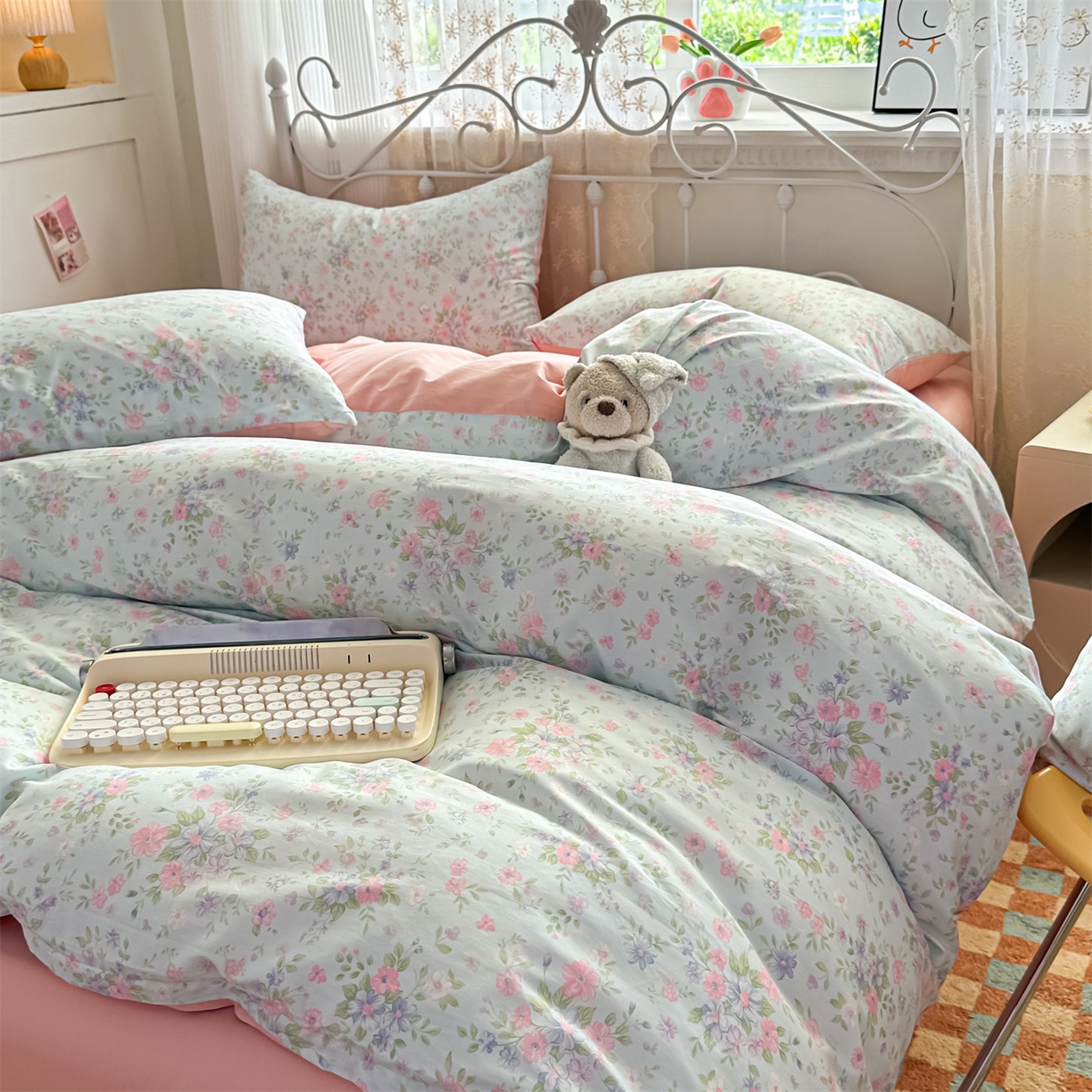 91家纺网 家纺一手货源 找家纺 恒爱家纺 2025新款全棉花卉四件套 蓝星花