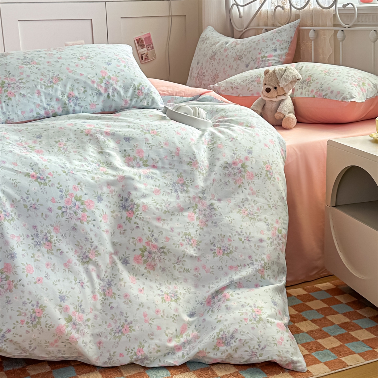 91家纺网 家纺一手货源 找家纺 恒爱家纺 2025新款全棉花卉四件套 蓝星花