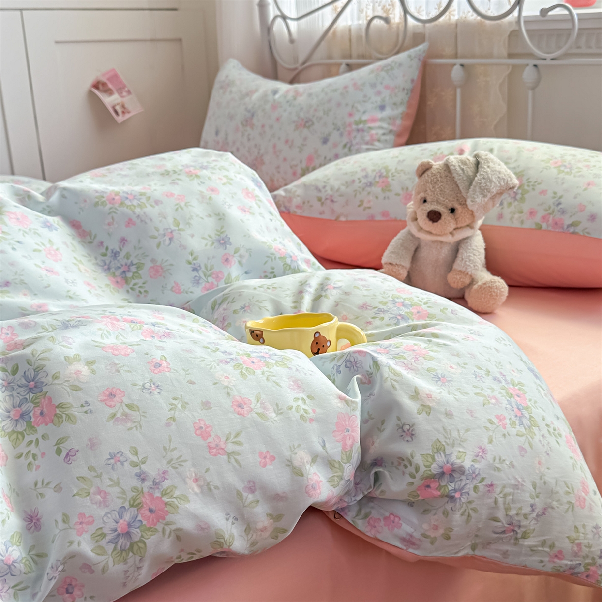 91家纺网 家纺一手货源 找家纺 恒爱家纺 2025新款全棉花卉四件套 蓝星花