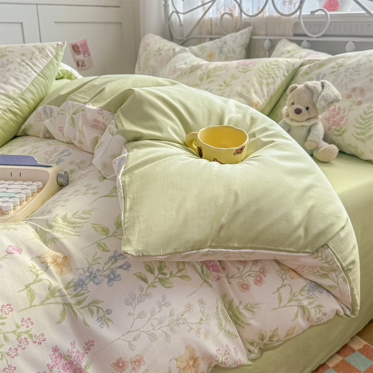 91家纺网 家纺一手货源 找家纺 恒爱家纺 2025新款全棉花卉四件套 绿色仙子