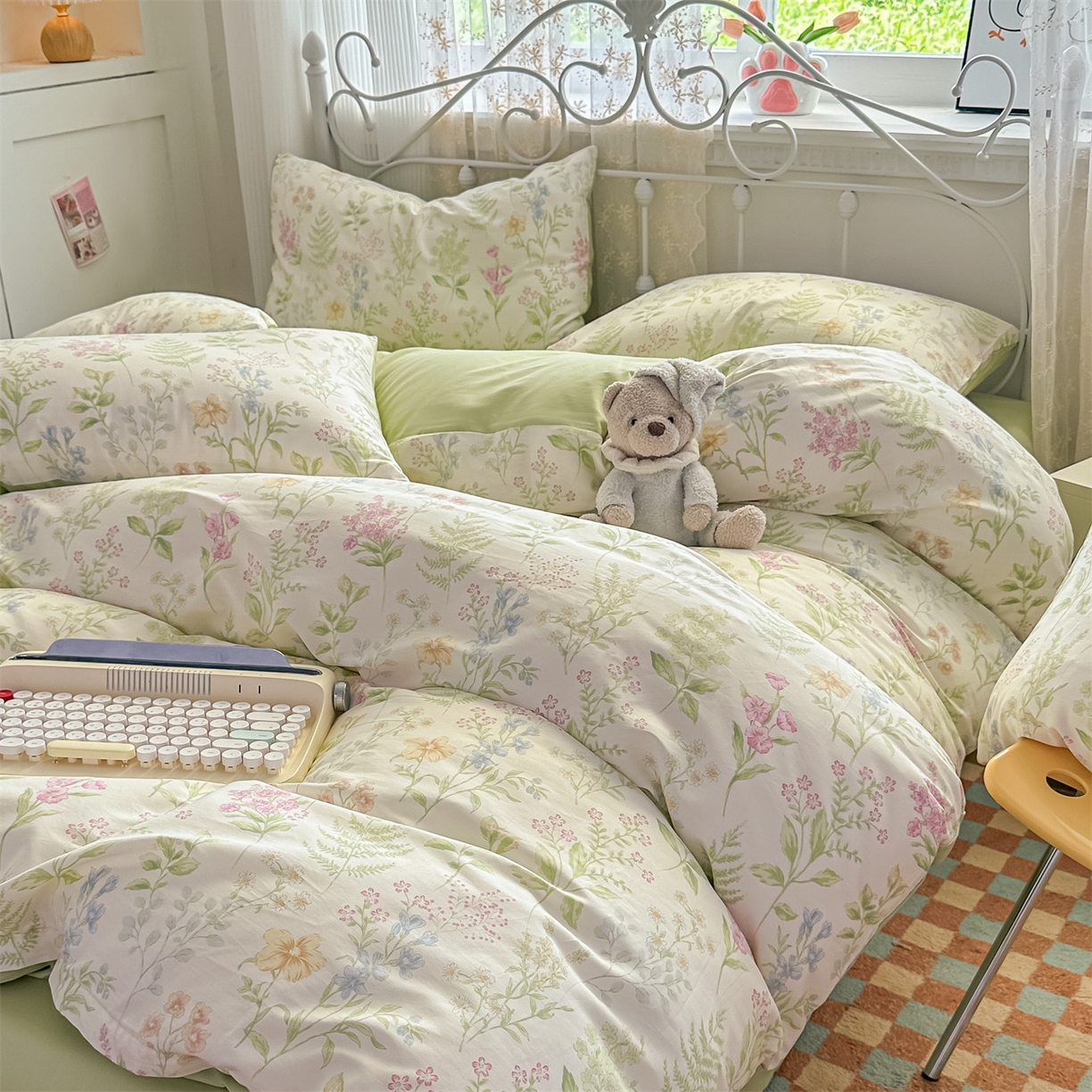 91家纺网 家纺一手货源 找家纺 恒爱家纺 2025新款全棉花卉四件套 绿色仙子