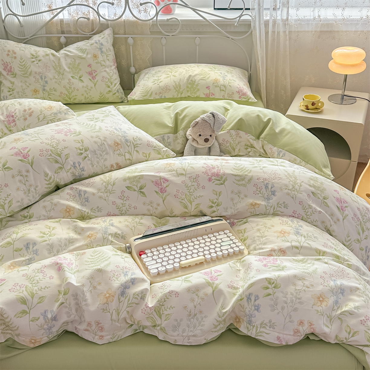 91家纺网 家纺一手货源 找家纺 恒爱家纺 2025新款全棉花卉四件套 绿色仙子