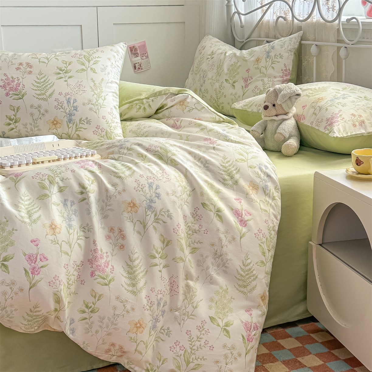 91家纺网 家纺一手货源 找家纺 恒爱家纺 2025新款全棉花卉四件套 绿色仙子