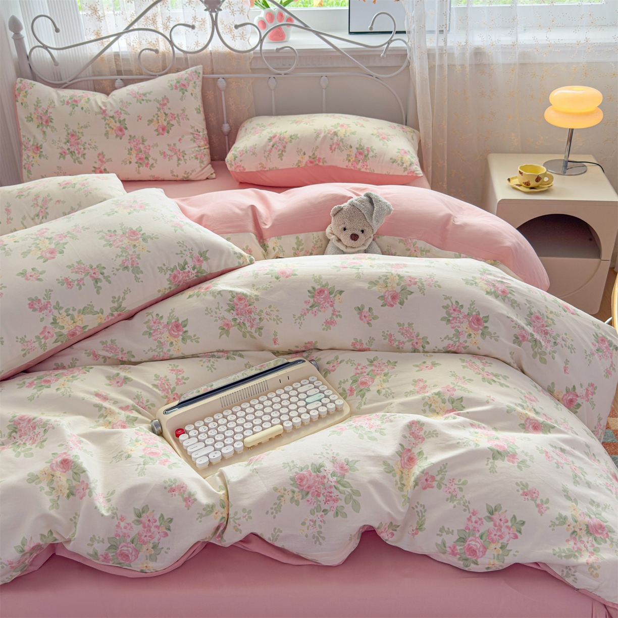 91家纺网 家纺一手货源 找家纺 恒爱家纺 2025新款全棉花卉四件套 铁线莲