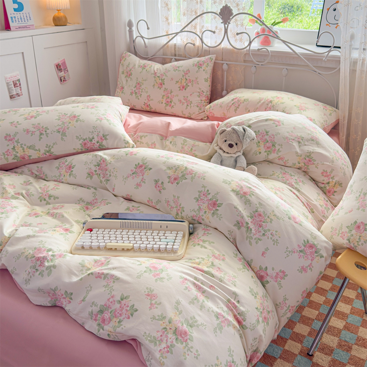 91家纺网 家纺一手货源 找家纺 恒爱家纺 2025新款全棉花卉四件套 铁线莲