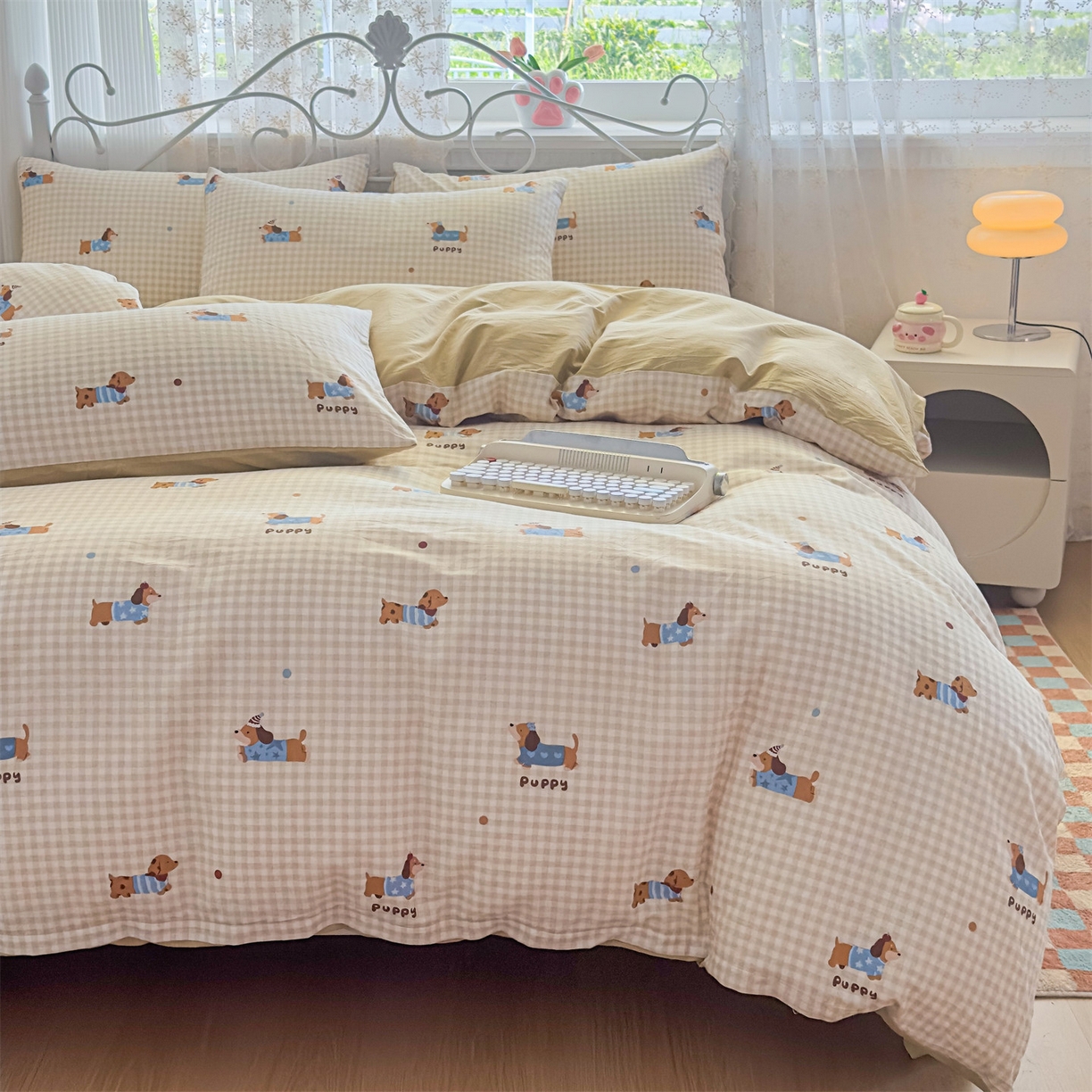 91家纺网 家纺一手货源 找家纺 恒爱家纺 2025新款全棉花卉四件套 小柯基