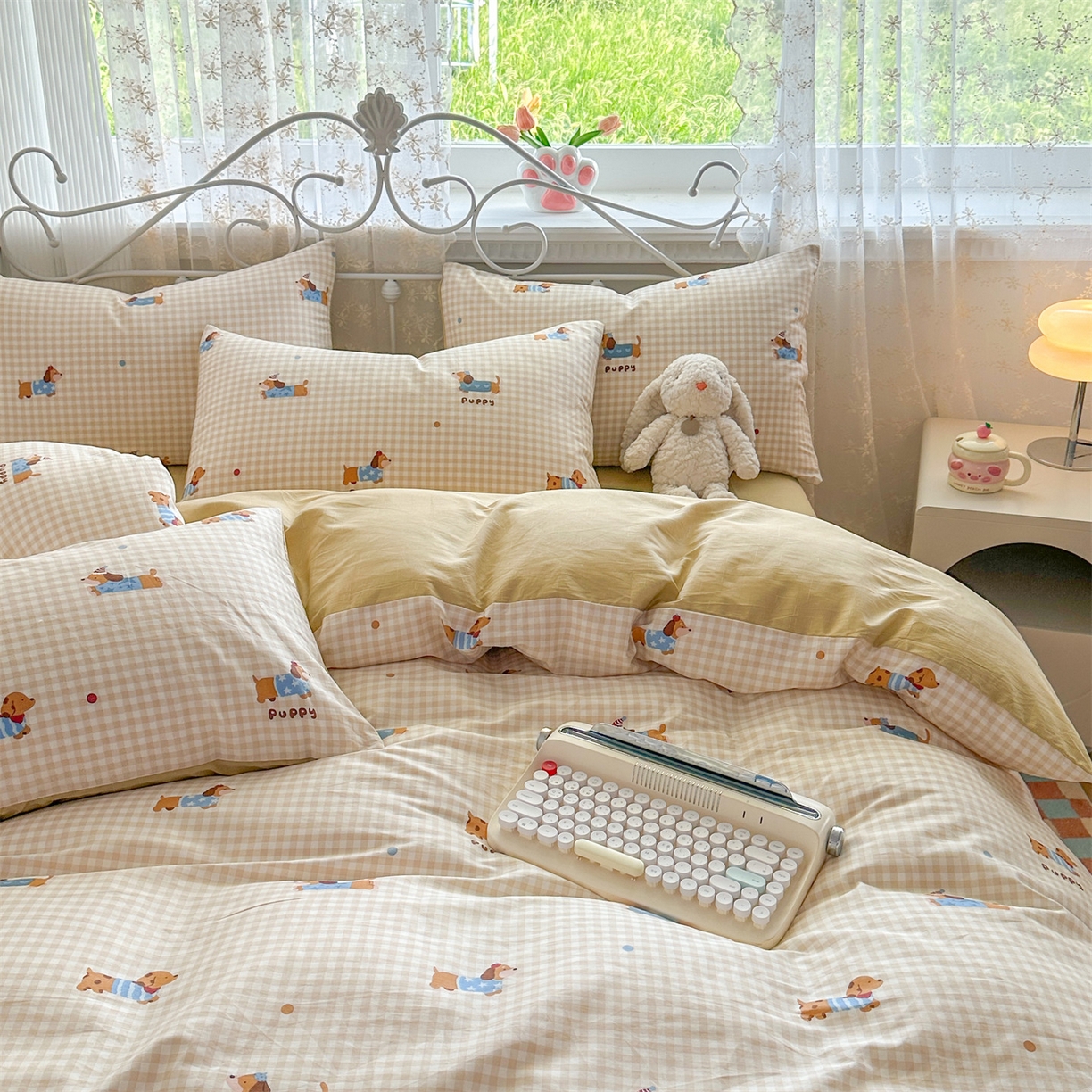 91家纺网 家纺一手货源 找家纺 恒爱家纺 2025新款全棉花卉四件套 小柯基