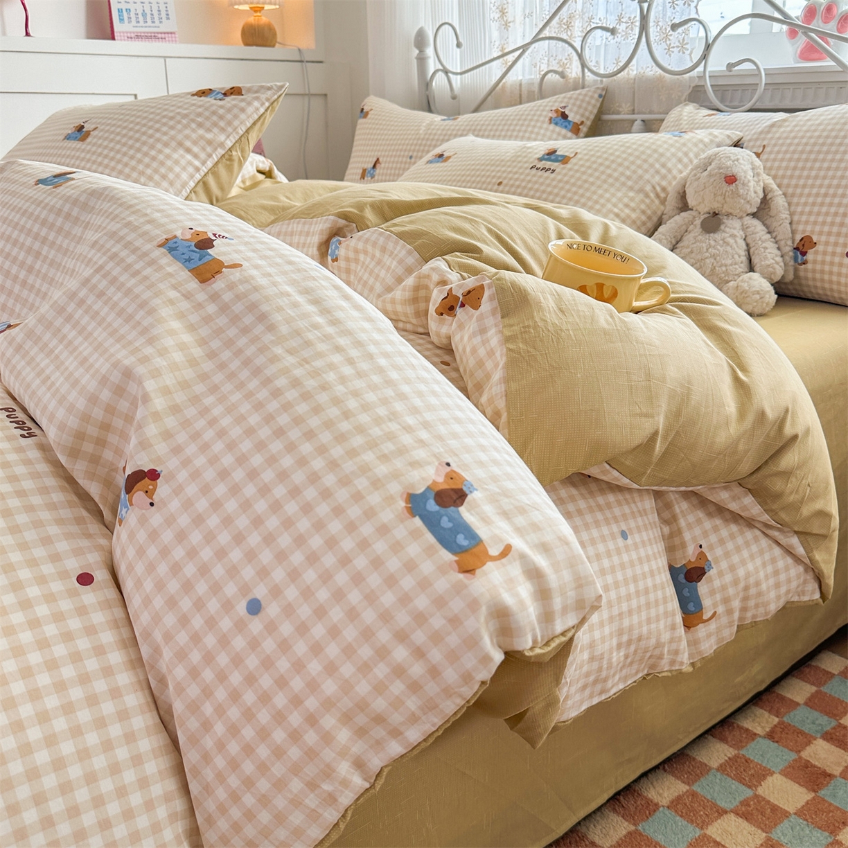 91家纺网 家纺一手货源 找家纺 恒爱家纺 2025新款全棉花卉四件套 小柯基