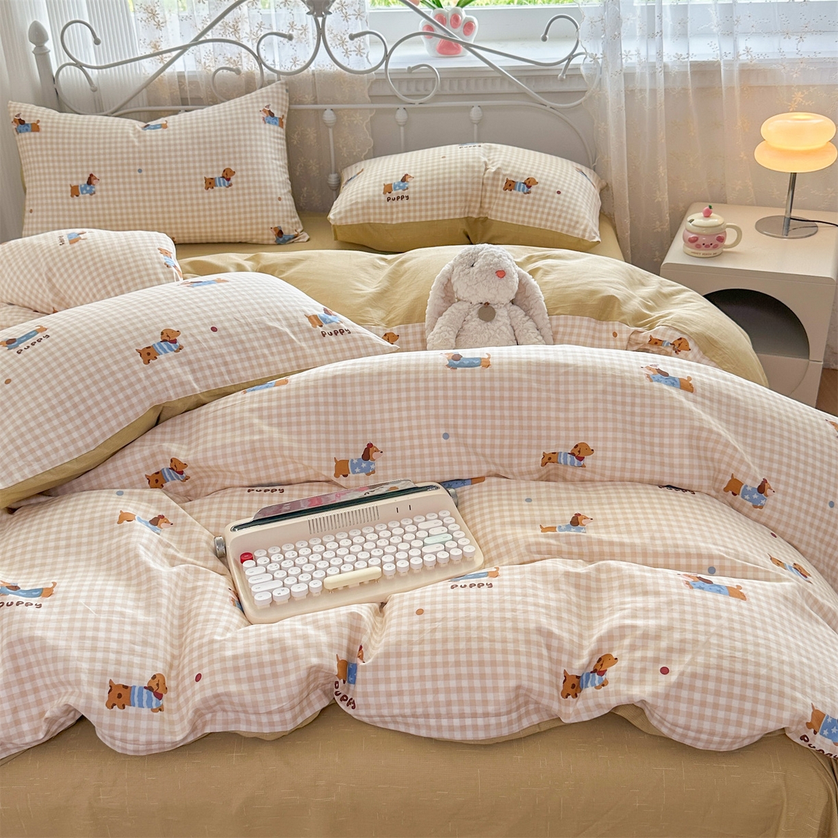 91家纺网 家纺一手货源 找家纺 恒爱家纺 2025新款全棉花卉四件套 小柯基