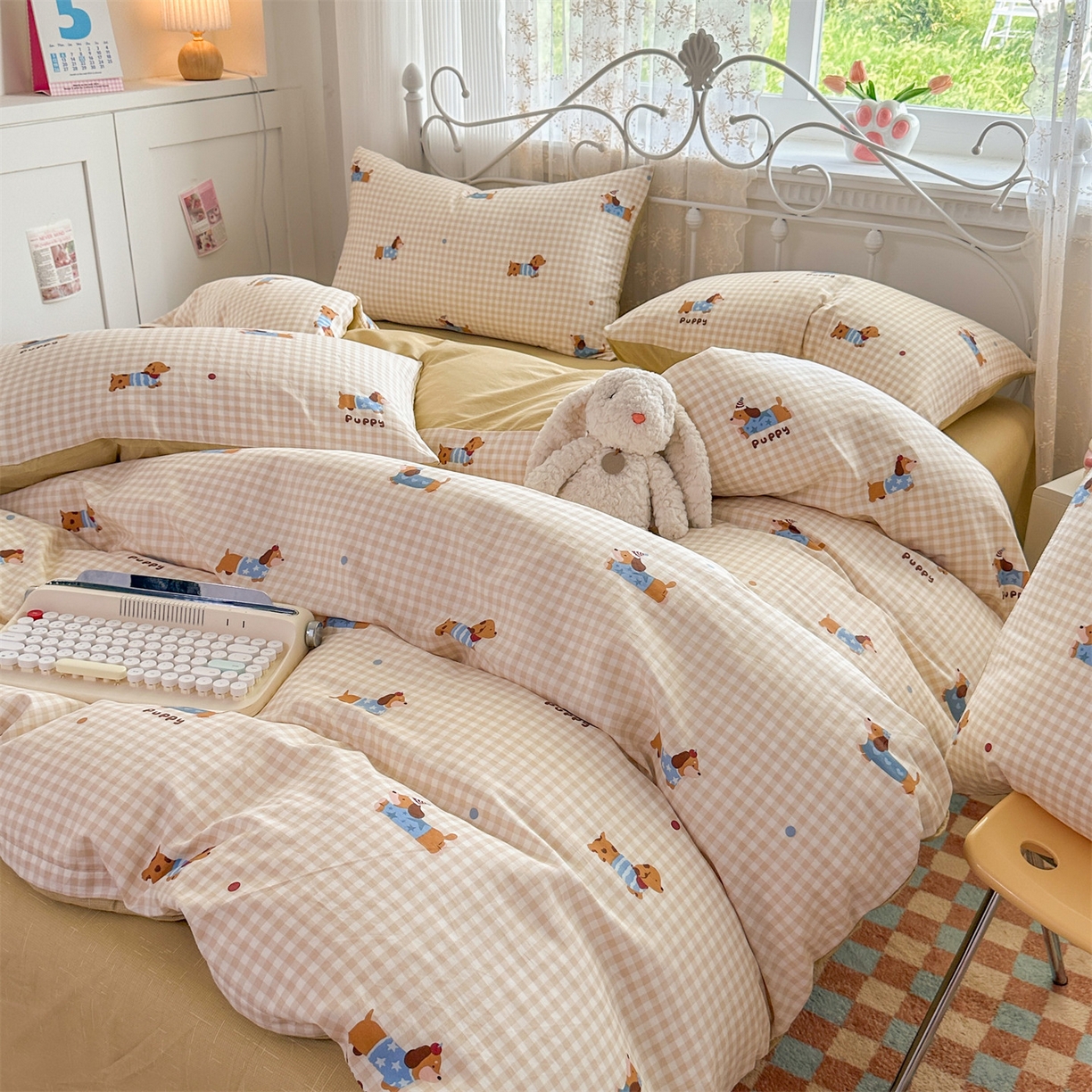 91家纺网 家纺一手货源 找家纺 恒爱家纺 2025新款全棉花卉四件套 小柯基