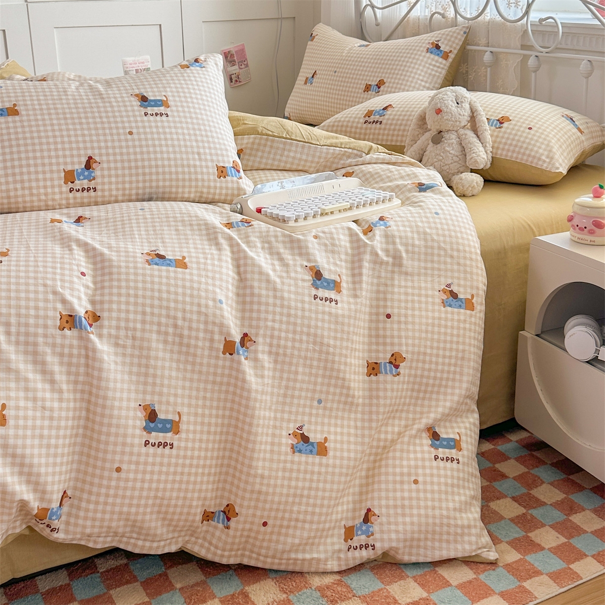 91家纺网 家纺一手货源 找家纺 恒爱家纺 2025新款全棉花卉四件套 小柯基