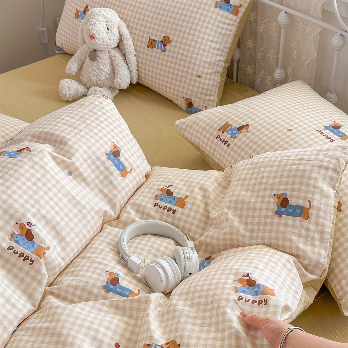 91家纺网 家纺一手货源 找家纺 恒爱家纺 2025新款全棉花卉四件套 小柯基