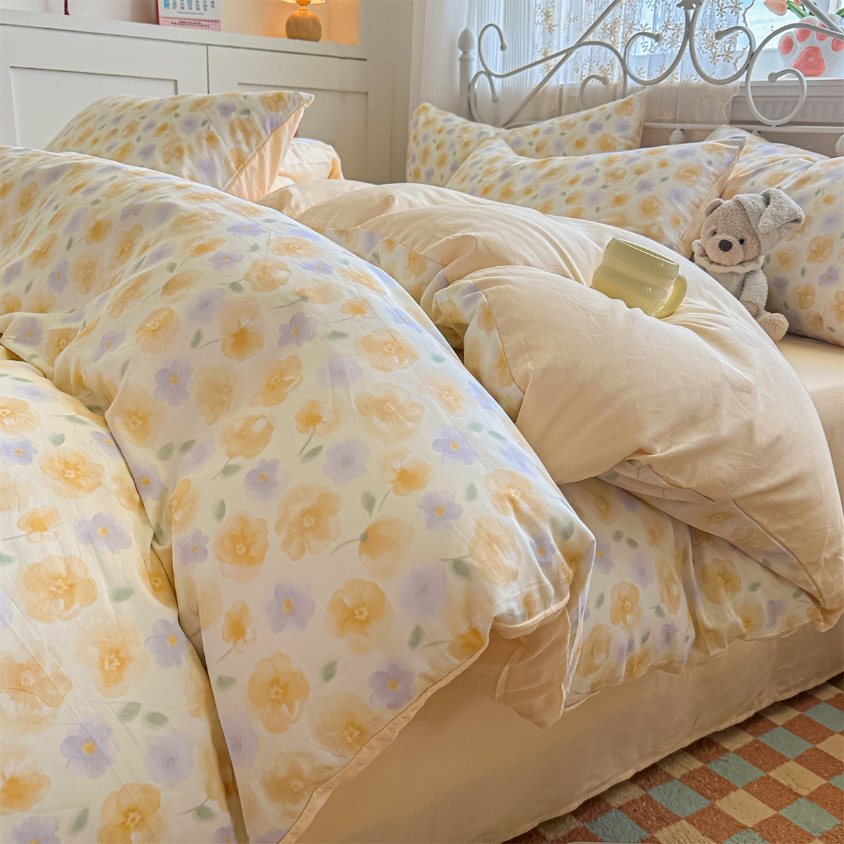 91家纺网 家纺一手货源 找家纺 恒爱家纺 2025新款全棉花卉四件套 洋甘菊