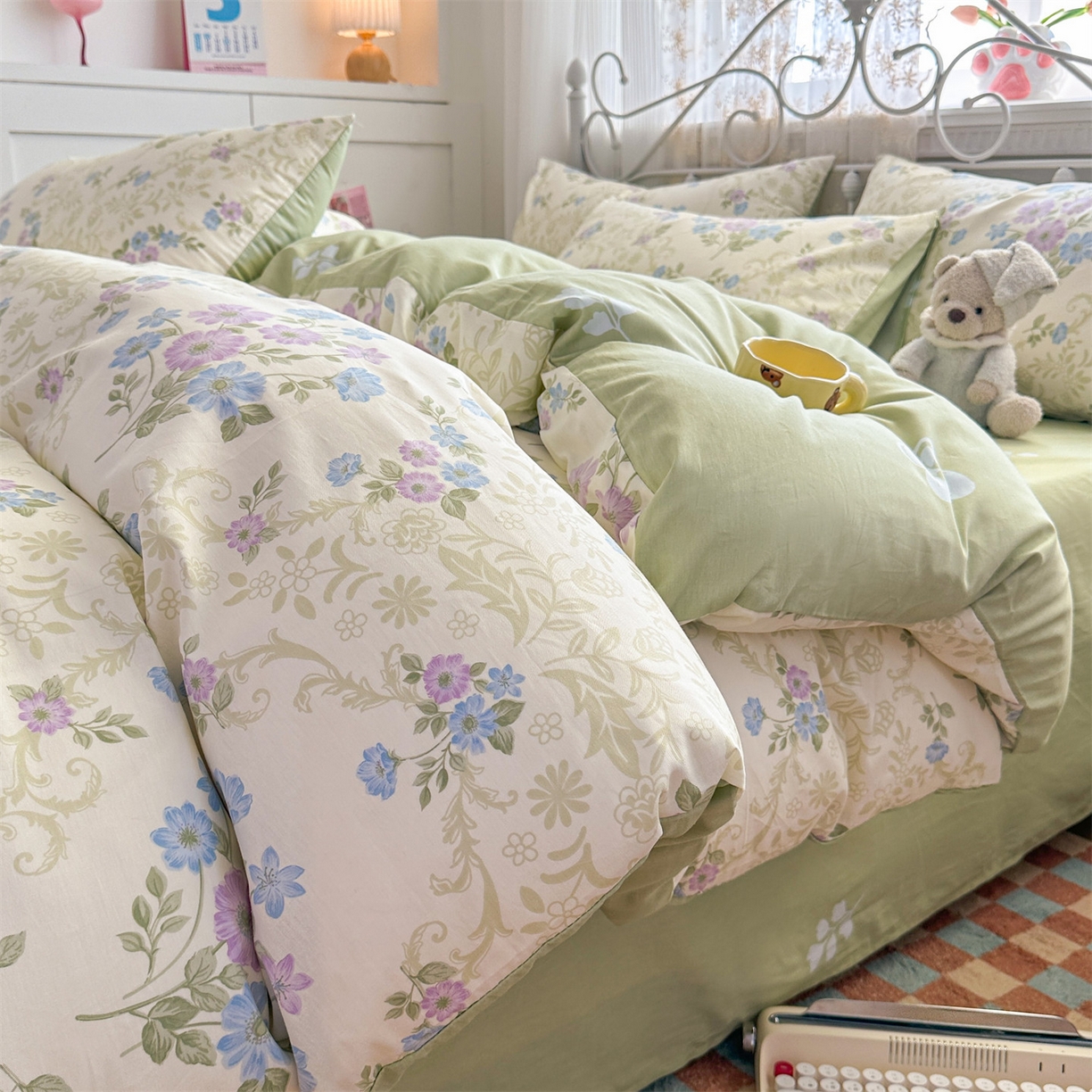 91家纺网 家纺一手货源 找家纺 恒爱家纺 2025新款全棉花卉四件套 长春花