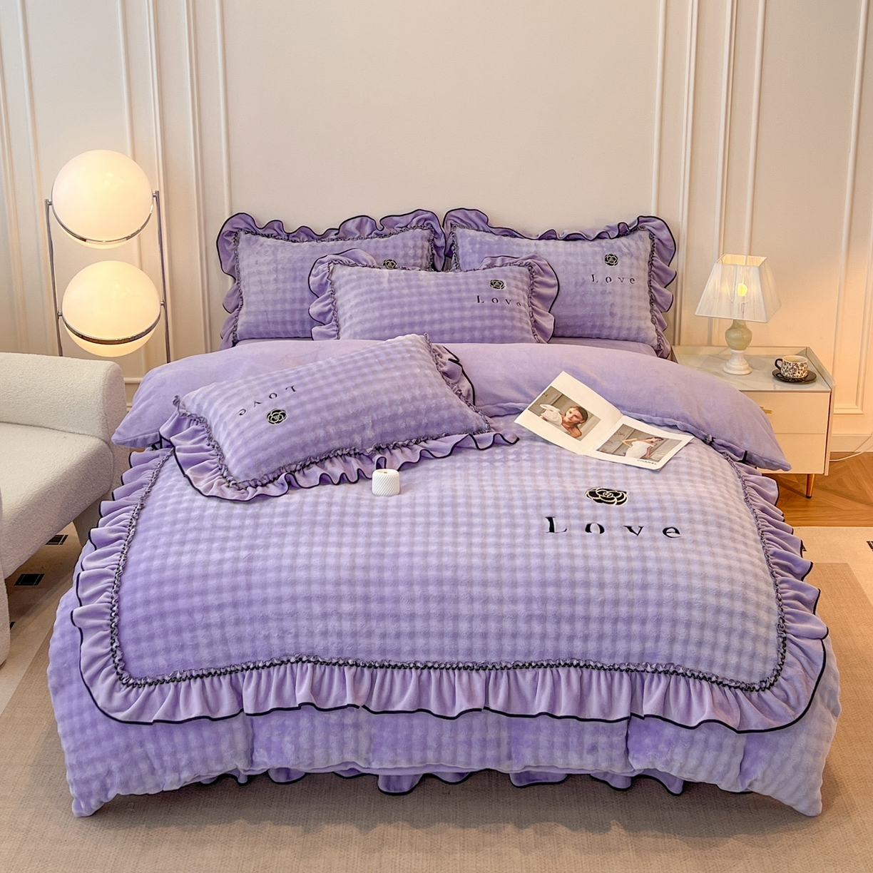 91家纺网 家纺一手货源 找家纺 言熙居家纺 2025新款牛奶绒绣花四件套 Love-紫