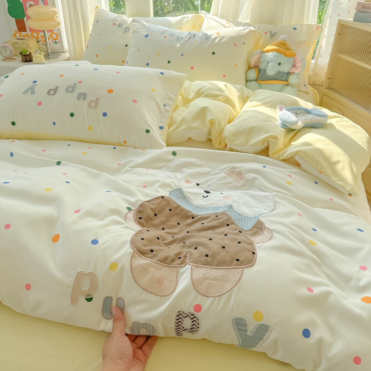 子钦家纺 2025新款云朵棉水洗棉贴布绣床单床笠四件套 皇冠狗