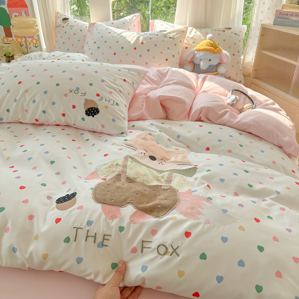 子钦家纺 2025新款云朵棉水洗棉贴布绣床单床笠四件套 小狐狸