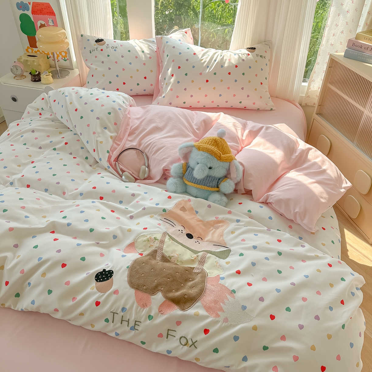 91家纺网 家纺一手货源 找家纺 子钦家纺 2025新款云朵棉水洗棉贴布绣床单床笠四件套 小狐狸