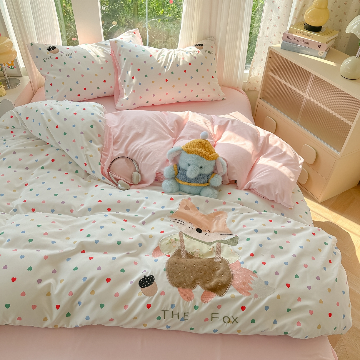 91家纺网 家纺一手货源 找家纺 子钦家纺 2025新款云朵棉水洗棉贴布绣床单床笠四件套 小狐狸