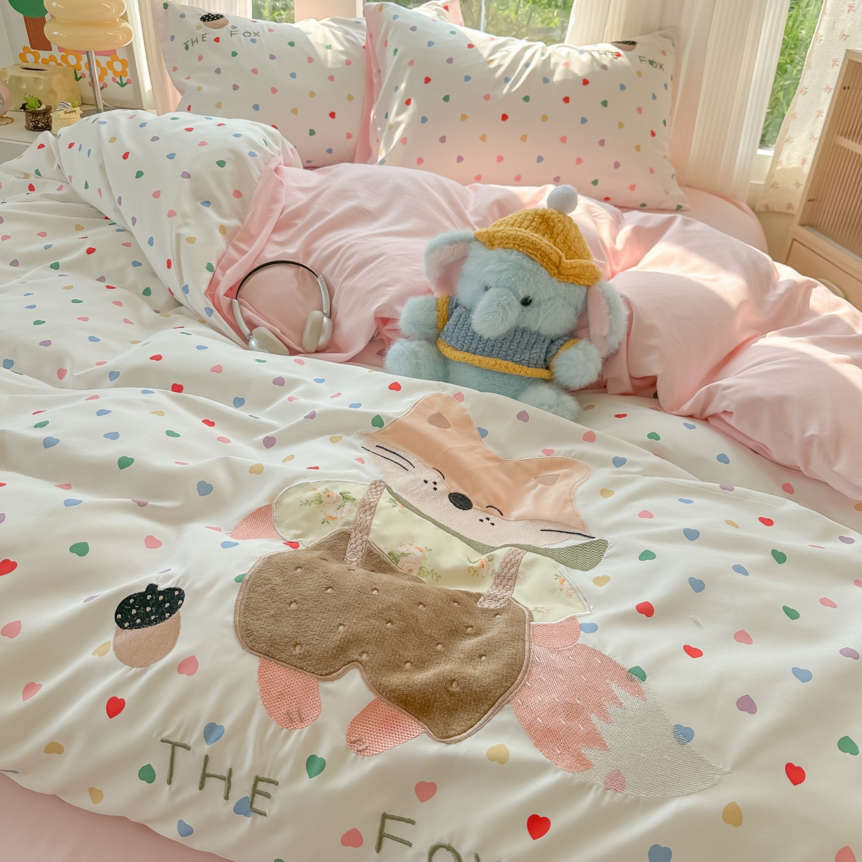 91家纺网 家纺一手货源 找家纺 子钦家纺 2025新款云朵棉水洗棉贴布绣床单床笠四件套 小狐狸