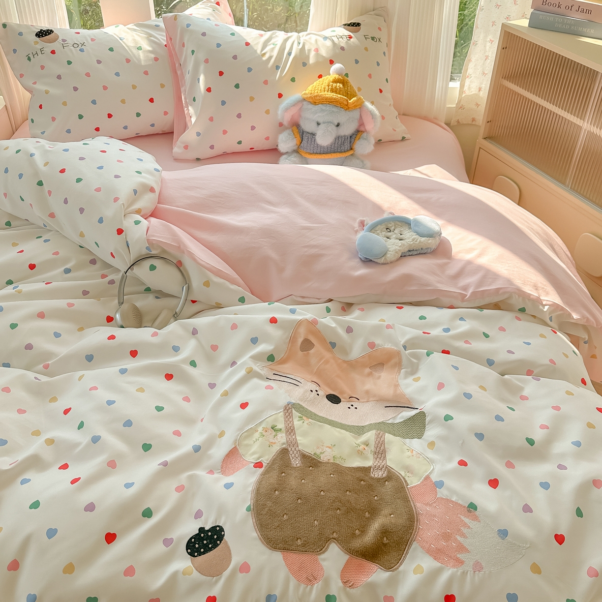 91家纺网 家纺一手货源 找家纺 子钦家纺 2025新款云朵棉水洗棉贴布绣床单床笠四件套 小狐狸