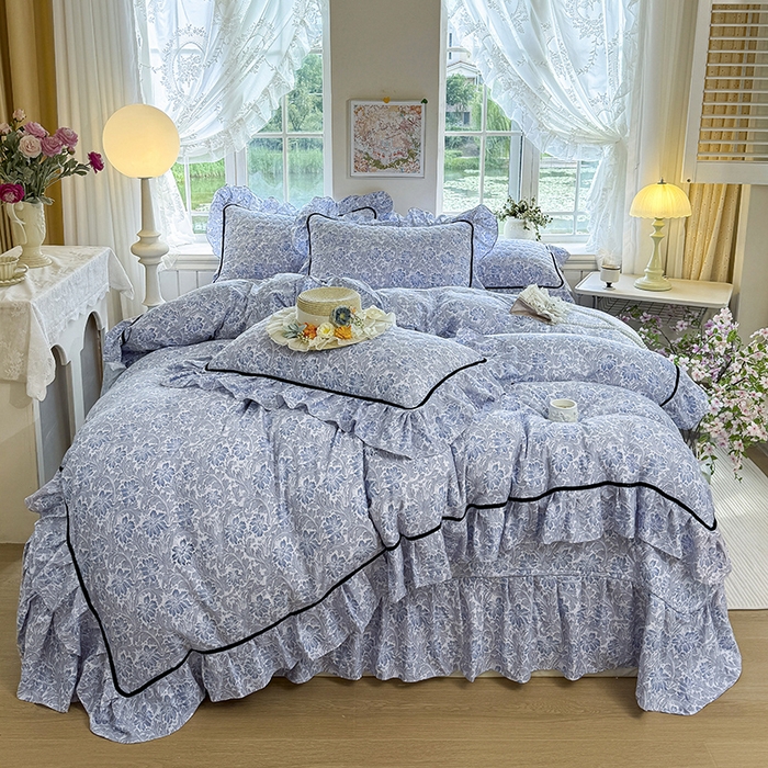 91家纺网 家纺一手货源 找家纺 宜凡家纺 2025新款A类水洗珍珠棉床盖四件套 兰伊