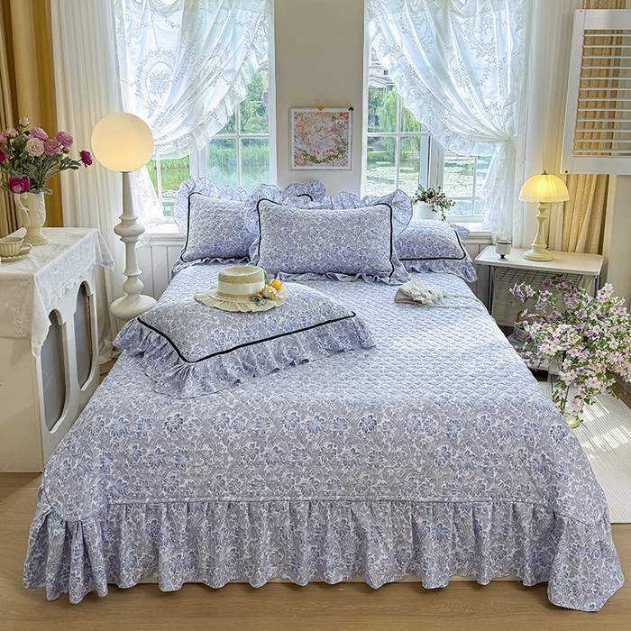 91家纺网 家纺一手货源 找家纺 宜凡家纺 2025新款A类水洗珍珠棉床盖四件套 兰伊