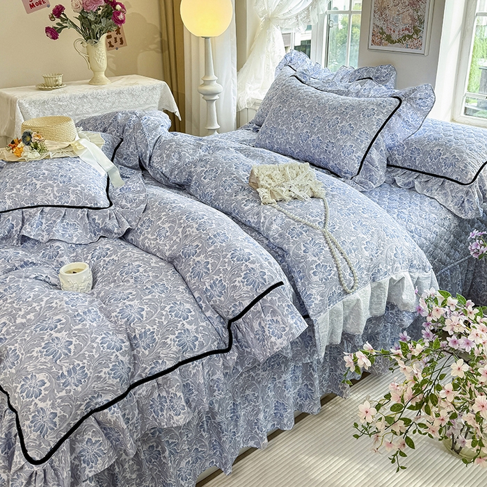 91家纺网 家纺一手货源 找家纺 宜凡家纺 2025新款A类水洗珍珠棉床盖四件套 兰伊