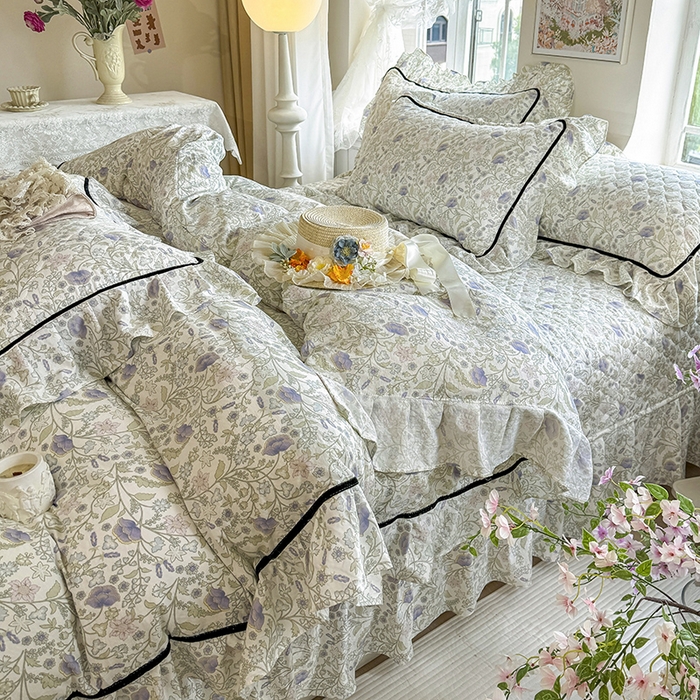 91家纺网 家纺一手货源 找家纺 宜凡家纺 2025新款A类水洗珍珠棉床盖四件套 觅春