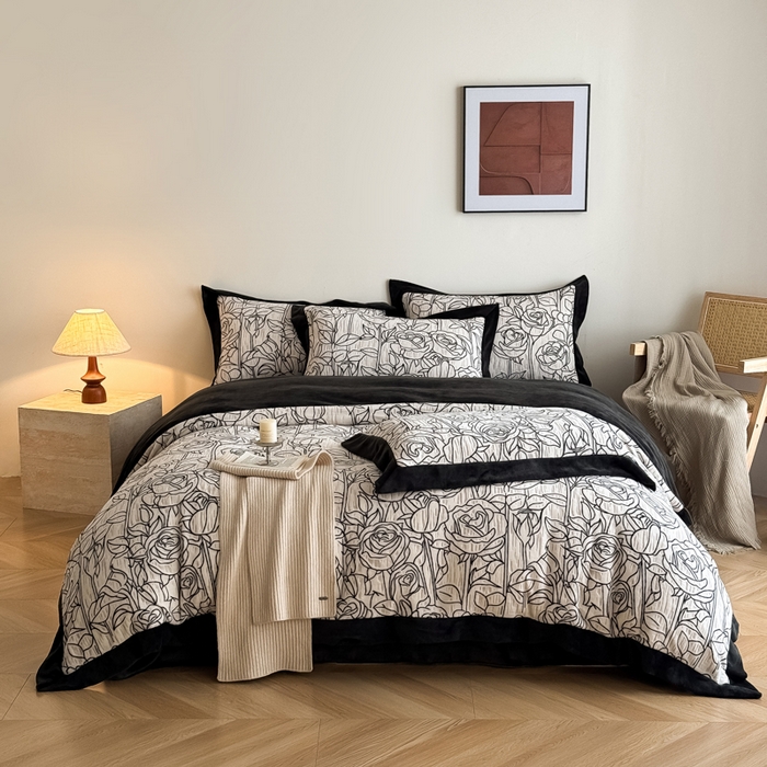 91家纺网 家纺一手货源 找家纺 九花鹿 2025新款宽边雕花绒牛奶绒四件套 宽边雕花-玫瑰