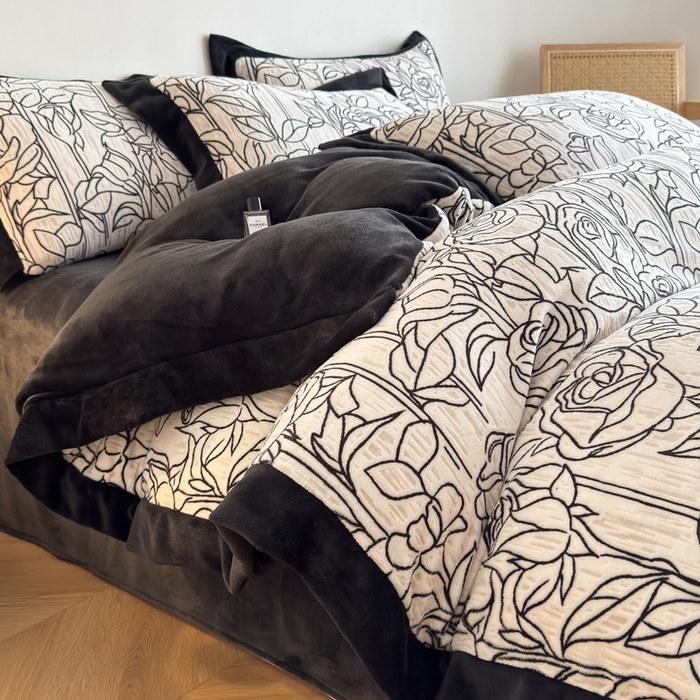 九花鹿 2025新款宽边雕花绒牛奶绒四件套 宽边雕花-玫瑰