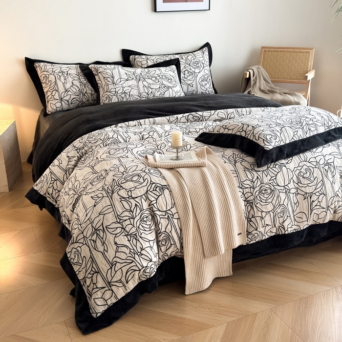 91家纺网 家纺一手货源 找家纺 九花鹿 2025新款宽边雕花绒牛奶绒四件套 宽边雕花-玫瑰