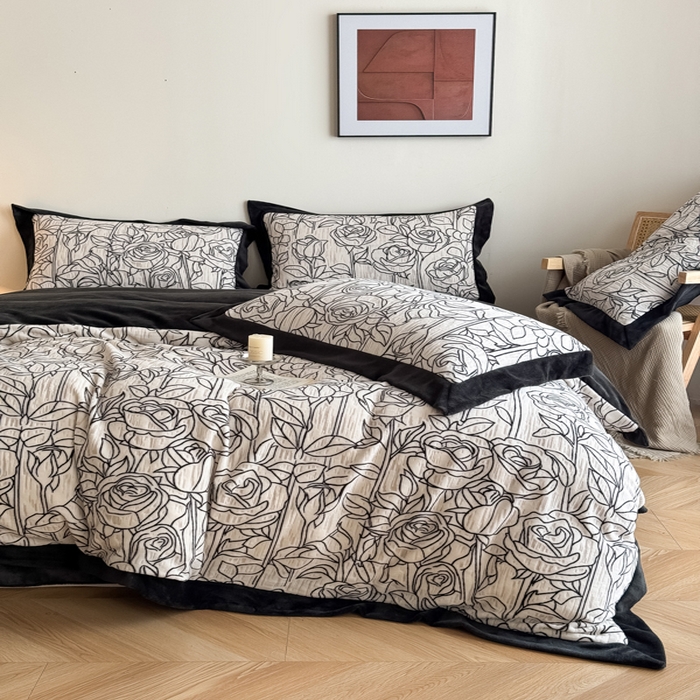 91家纺网 家纺一手货源 找家纺 九花鹿 2025新款宽边雕花绒牛奶绒四件套 宽边雕花-玫瑰