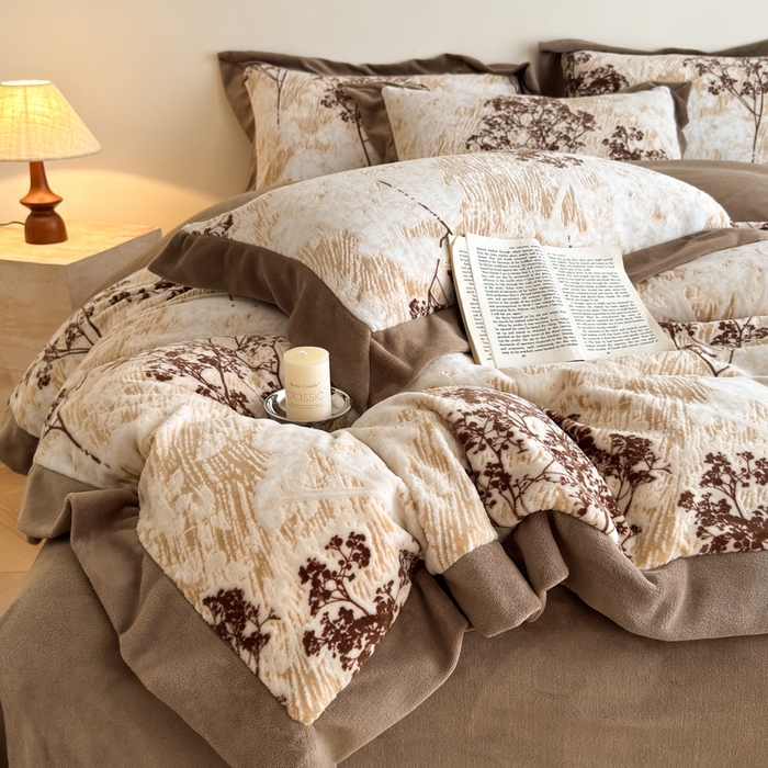 91家纺网 家纺一手货源 找家纺 九花鹿 2025新款宽边雕花绒牛奶绒四件套 宽边雕花-秘境(奶咖）