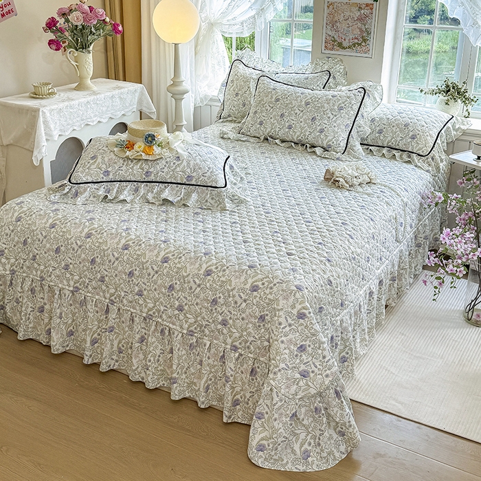 91家纺网 家纺一手货源 找家纺 宜凡家纺 2025新款A类水洗珍珠棉床盖三件套 觅春