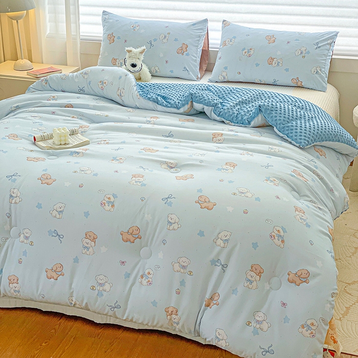 91家纺网 家纺一手货源 找家纺 丫丫家纺 2025新款云感木棉皱皱纱被子豆豆绒大豆被冬被被芯春秋豆豆被 奶芙小狗